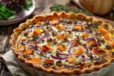 Expérience culinaire riche en saveurs : quiche aux poireaux, butternut, oignons rouges et vacherin