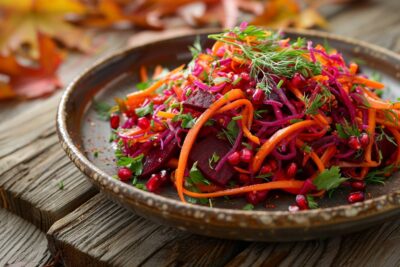 Salade d’automne revisitée : betteraves râpées et vinaigrette aneth-grenade, un délice pour vos papilles